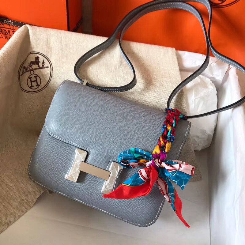 Hermes Constance 24cm Shoulder Bag In Blue Lin Epsom Leather